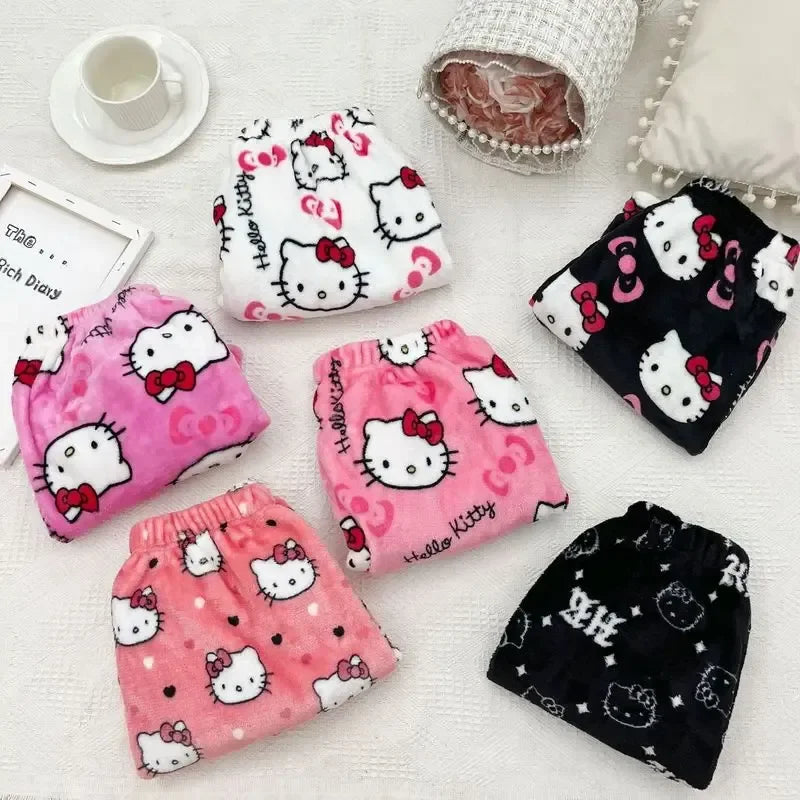 Sanrio Hello Kitty Kawaii Anime Flannel Pajamas Women'S Warm Woolen Cartoon Casual Home Pants Autumn Winter Fashion Trousers