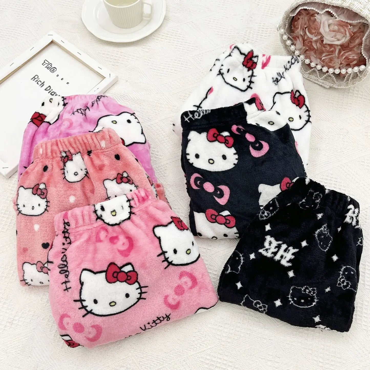 Sanrio Hello Kitty Kawaii Anime Flannel Pajamas Women'S Warm Woolen Cartoon Casual Home Pants Autumn Winter Fashion Trousers