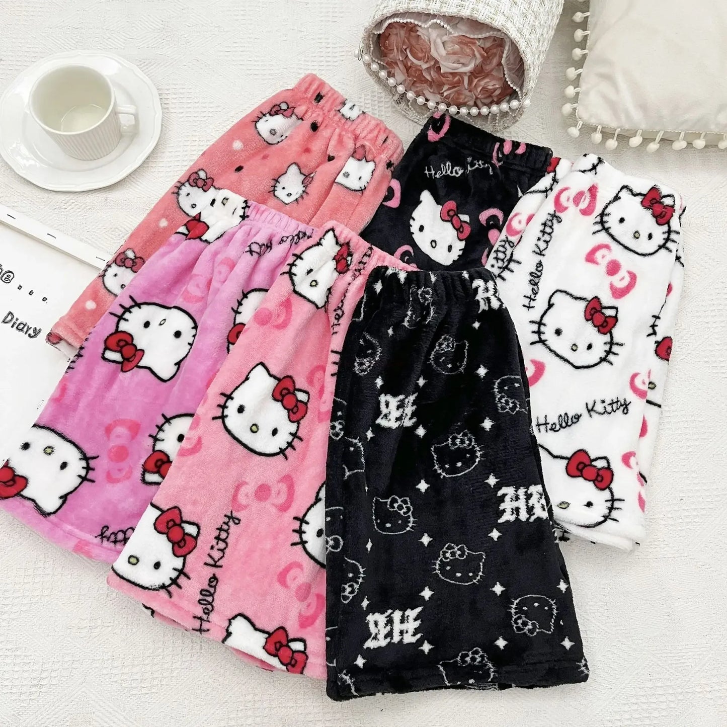 Sanrio Hello Kitty Kawaii Anime Flannel Pajamas Women'S Warm Woolen Cartoon Casual Home Pants Autumn Winter Fashion Trousers