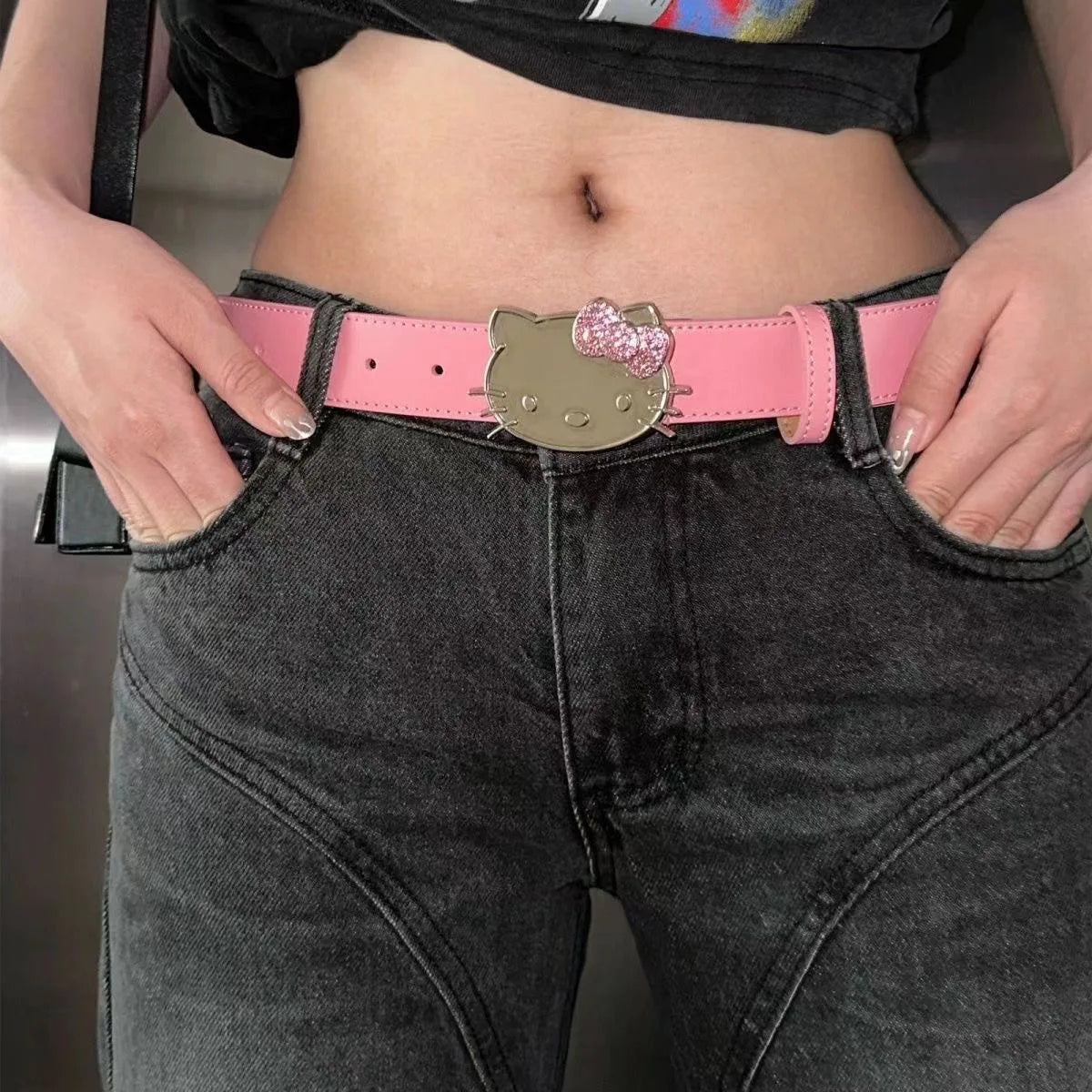 Sanrio Hello Kitty PU Leather Belt For Women Y2k Rhinestone Decorative Cartoon Metal Buckle Belt Kawaii Clothing Accessories