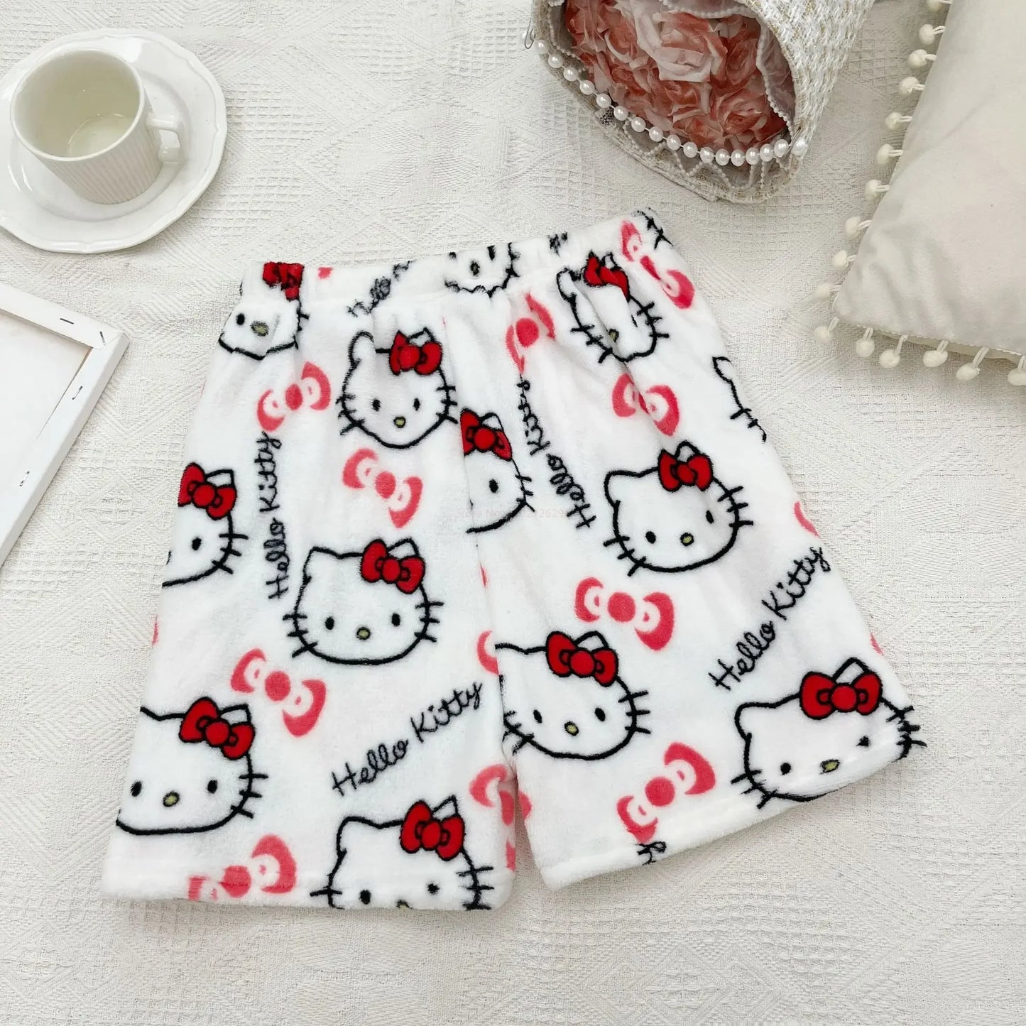 Sanrio Hello Kitty Kawaii Anime Flannel Pajamas Women'S Warm Woolen Cartoon Casual Home Pants Autumn Winter Fashion Trousers