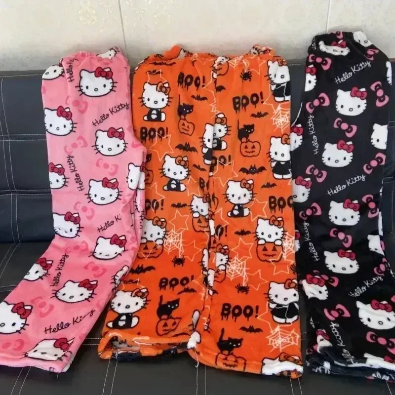 Sanrio Hello Kitty Kawaii Anime Flannel Pajamas Women'S Warm Woolen Cartoon Casual Home Pants Autumn Winter Fashion Trousers