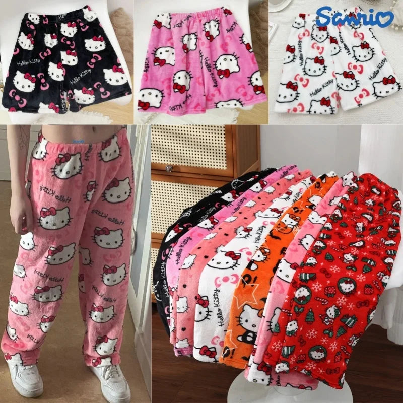 Sanrio Hello Kitty Kawaii Anime Flannel Pajamas Women'S Warm Woolen Cartoon Casual Home Pants Autumn Winter Fashion Trousers