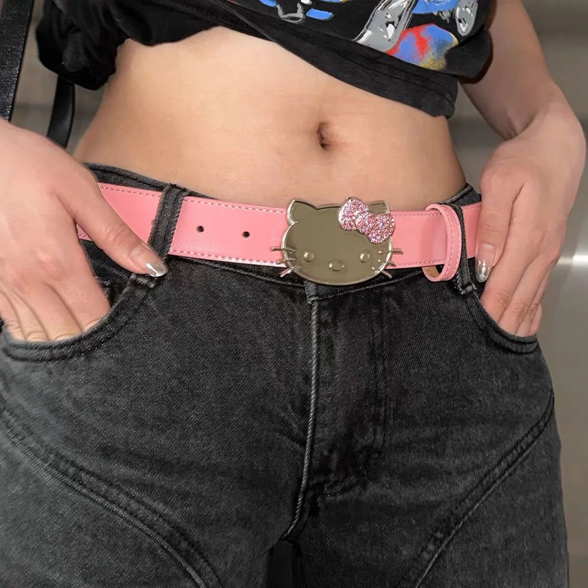 Sanrio Hello Kitty PU Leather Belt For Women Y2k Rhinestone Decorative Cartoon Metal Buckle Belt Kawaii Clothing Accessories